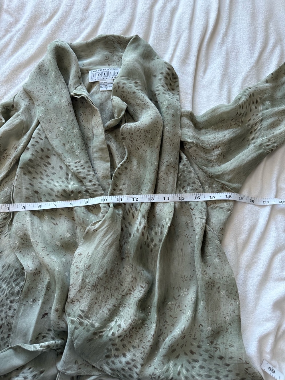 Vintage Saks 100% Silk Floral Cottagecore Green Patterned Tie Neck Blouse Large - Picture 8 of 9